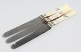 THREE MOTHER OF PEARL HANDLE FRUIT KNIVES with coronet and E.C.