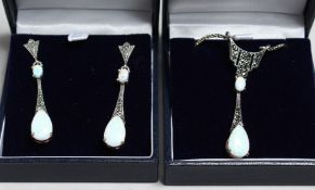 A SILVER ART DECO DESIGN OPAL AND MARCASITE PENDANT, CHAIN AND EARRINGS.