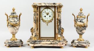 A GOOD FRENCH VEINED MARBLE CLOCK GARNITURE the clock with column supports. 14ins high, along with a