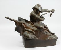 HOME SAFELY. A STRIKING BRONZE OF A FISHERMAN on a boat in rough sea. Signed. 15ins high.