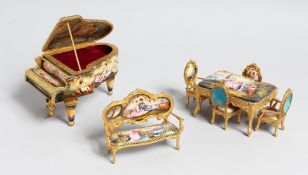 A SUPERB VIENNA ENAMEL SUITE OF MINIATURE FURNITURE comprising a grand piano with musical