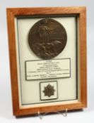 A FRAMED AND GLAZED W W 1 BRONZE MEMORIAL DEATH PLAQUE or 