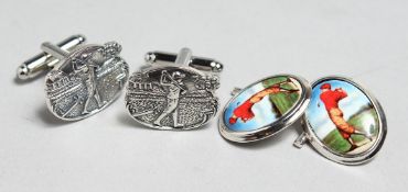 TWO PAIRS OF SILVER GOLFING CUFF LINKS.