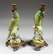A GOOD PAIR OF CONTINENTAL PORCELAIN AND GILT METAL PARROT CANDLESTICKS. 14ins high.