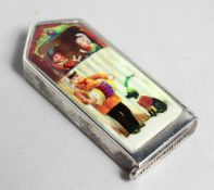 A SILVER PUNCH AND JUDY ENAMEL VESTA CASE.