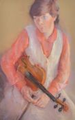 20th Century School, a portrait of a young lady holding a violin, pastel, indistinctly signed. 28