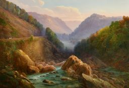 Thomas Finchett (1858-1931) British, An extensive mountain landscape with a rocky river and cattle