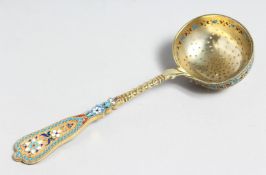 A RUSSIAN SILVER AND ENAMEL SIFTER SPOON. Mark 84, 16cm long.