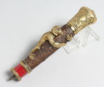 A SUPERB RUSSIAN SILVER GILT CANE HANDLE with a monkey. 16cm long Faberge Mark I P. .84 in a Faberge