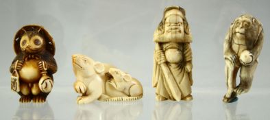 FOUR JAPANESE CARVED IVORY NETSUKES, including three animal netsukes; two signed to foot, and one