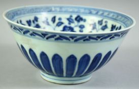 A CHINESE BLUE AND WHITE PORCELAIN BOWL, the interior with floral decoration, six character mark