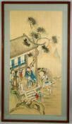 A LARGE FINE CHINESE PAINTING ON SILK, depicting pavilion scene with a dignitary, framed and glazed,