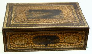 A SUPERB 19TH CENTURY CHINESE EXPORT LACQUERED WOOD SEWING BOX, the hinged lid opening to reveal