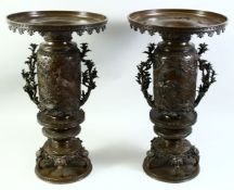 AN IMPRESSIVE LARGE PAIR OF JAPANESE MEIJI PERIOD BRONZE USUBATA VASES, with relief handles of