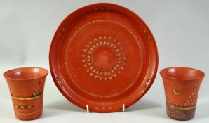 TWO TURKISH TOPHANE CUPS AND TRAY, cups 9.5cm, tray 24.5cm diameter, (3).