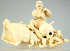 AN UNUSUAL JAPANESE CARVED IVORY OKIMONO of a man stood upon a giant conch shell with an octopus