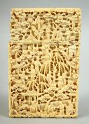 A CHINESE CANTON CARVED IVORY CARD CASE, carved with village scenes including many figures in