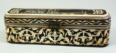 A TURKISH BONE AND TORTOISESHELL OVEERLAID WOODEN PENBOX, the lid with calligraphy, 28cm long.