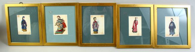 A SET OF FIVE FRAMED 19TH CENTURY CHINESE PAINTINGS ON RICE PAPER, each depicting an emperor,