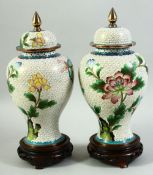 A PAIR OF CHINESE CLOISONNE JARS AND COVERS on hardwood stands, 31.5cm high (on stand).
