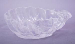 AN INDIAN ROCK CRYSTAL PEACOCK FORM BRUSH WASHER, the ribbed bowl with floral motif to the base,