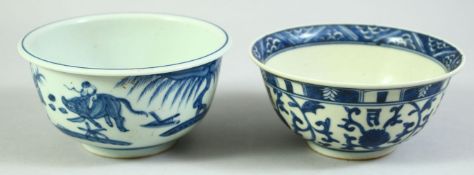 TWO CHINESE BLUE AND WHITE PORCELAIN RICE BOWLS, one decorated with figures, the other with