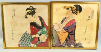 TWO FRAMED JAPANESE PRINTS ON SILK, framed and glazed, 39cm x 38cm.