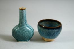 A SMALL CHINESE FUR GLAZE POTTERY TEA BOWL, together with a small crackle glaze vase, (2).