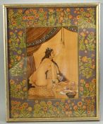 AN INDIAN EROTIC MINIATURE PAINTING, of a nude female, the borders with painted gilt floral