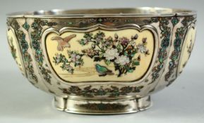A FINE JAPANESE MEIJI PERIOD SHIBAYAMA AND IVORY PANELLED SILVER BOWL, the bowl of quatrefoil