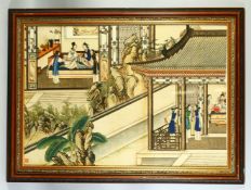 A LARGE CHINESE SILK PICTURE, depicting female figures in an interior and balcony setting, framed