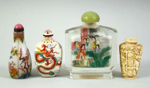 FOUR CHINESE SNUFF BOTTLES, comprising of one large reverse glass painted snuff bottle and