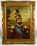 AHMAD (ACTIVE 1819-1844) PERSIAN, A PORTRAIT OF MOHAMMAD SHAH QAJAR WITH A VASE OF FLOWERS AND A