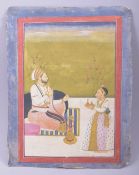 AN INDIAN MINATURE PAINTING ON PAPER, depicting a dignitary with servant, unframed, 29.5cm x 22.