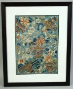 A CHINESE EMBROIDERED SILK PICTURE, embroidered with flowers and butterflies, framed and glazed,