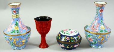 A SMALL PAIR OF CHINESE CANTON ENAMEL VASES, 14cm high, together with a circular enamel box and