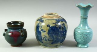 A CHINESE JUN STYLE CERAMIC POT, together with a blue and white crackle glaze ginger jar and a