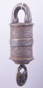 AN ISLAMIC CALLIGRAPHIC STEEL LOCK, engraved with bands of calligraphy and floral decoration, 17cm