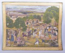 A VERY LARGE FINE INDIAN MUGHAL MINIATURE PAINTING ON PAPER, depicting dignitaries passing through a