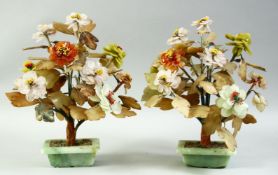 A PAIR OF CHINESE HARDSTONE BONSAI FLOWER SCULPTURES, with a variety of hardstones and inset