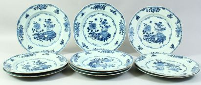 A SET OF TEN CHINESE 18TH/19TH CENTURY BLUE AND WHITE PORCELAIN PLATES, each similarly decorated
