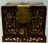 A CHINESE HARDWOOD AND MOTHER OF PEARL INLAID TRAVELLING VANITY BOX, the hinged lid opening to