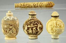 A SMALL CHINESE CANTON CARVED IVORY LIDDED VESSEL, together with three snuff bottles, (4).