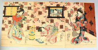 A GOOD JAPANESE WOODBLOCK TRYPTIC, depicting an interior scene with female figures, each panel