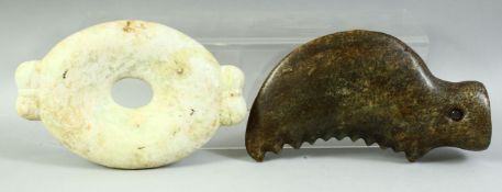 TWO LARGE ARCHAIC NEPHRITE JADE / HARDSTONE CARVINGS, largest 20cm long (2).