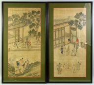 A PAIR OF CHINESE PAINTINGS depicting figures on terrace of a pavilion, framed and glazed, each 82cm