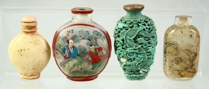 A MIXED LOT OF FOUR SNUFF BOTTLES, including two reverse painted bottles etc., various sizes, (4).