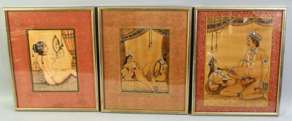 THREE INDIAN EROTIC MINIATURE PAINTINGS, the borders with floral decoration, paintings onlaid with