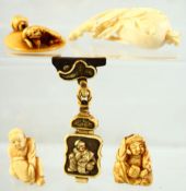 A MIXED GROUP OF JAPANESE CARVED IVORY OBJECTS, (5).