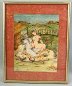 AN INDIAN EROTIC MINIATURE PAINTING, of a couple, the borders with painted gilt floral decoration,